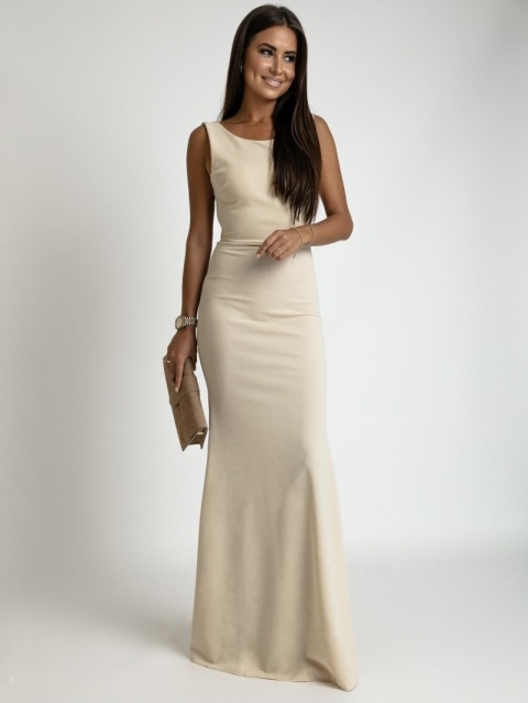 BEŻOWA SUKIENKA MAXI Z ODKRYTYMI PLECAMI
