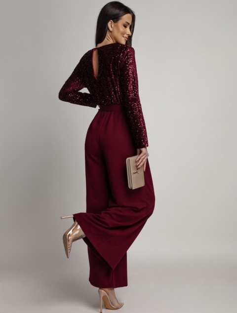 KOMBINEZON MAXI Z CEKINOWĄ GÓRĄ I DŁUGIM RĘKAWEM BORDOWY