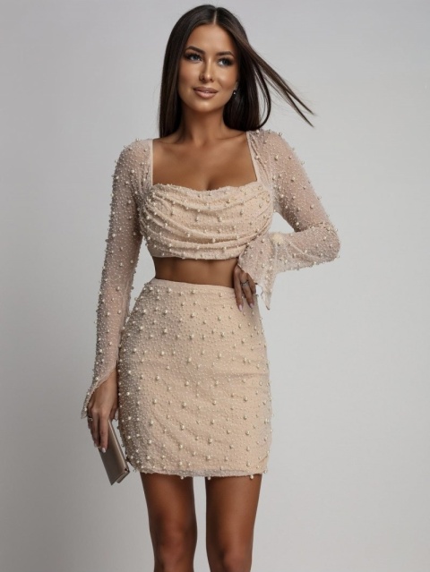 WYSYŁKA 24.01 KOMPLET BEŻOWY Z OZDOBNYMI PEREŁKAMI