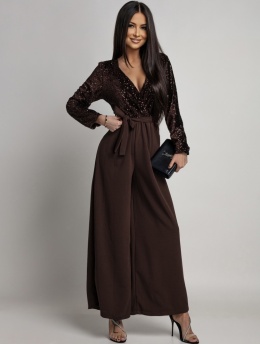 KOMBINEZON MAXI Z CEKINOWĄ GÓRĄ I DŁUGIM RĘKAWEM CZEKOLADOWY