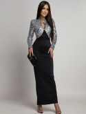 SUKIENKA MAXI Z CEKINOWĄ GÓRĄ I DŁUGIM RĘKAWEM CZARNO-SREBRNA
